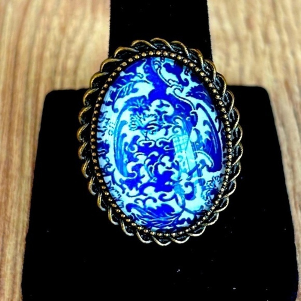 Blue and white Floral Print Victorian Style Adjustable Ring, Handmade, NWT